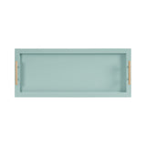Rectangular light teal decorative tray with inset sides and two gold metal handles on the shorter ends, shown from above on a white background.