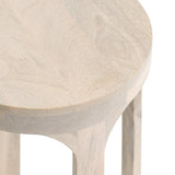 Close-up of a round light wood drink table corner showing smooth edges and natural grain pattern on the tabletop and legs.