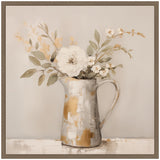 Rustic pitcher with muted gold and white patches holding a bouquet of cream and beige flowers with green leaves against a soft beige background.
