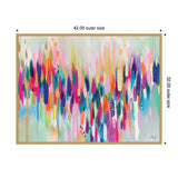 Horizontal framed canvas with colorful vertical brushstrokes in pink, blue, orange, and teal hues on a soft white and light green background, accented with small white dots.