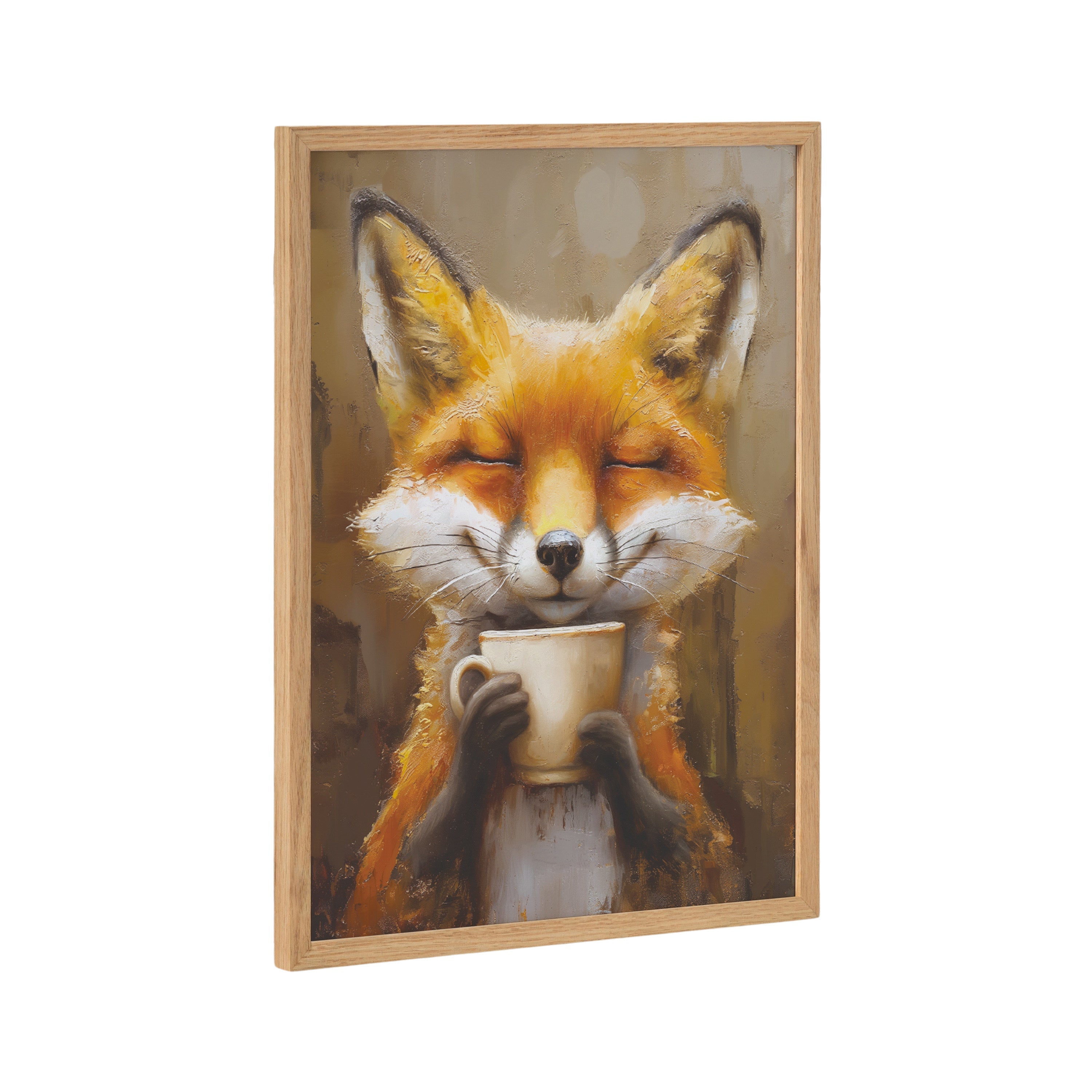 Framed print showing a smiling fox holding a coffee or tea cup with the words 'Happy Fox Traditional Coffee Tea Cup' by The Creative Bunch Studio