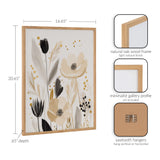 Framed floral print with beige, black, and gold flowers in a natural oak wood frame, showing minimalist gallery profile and sawtooth hangers for vertical or horizontal placement.