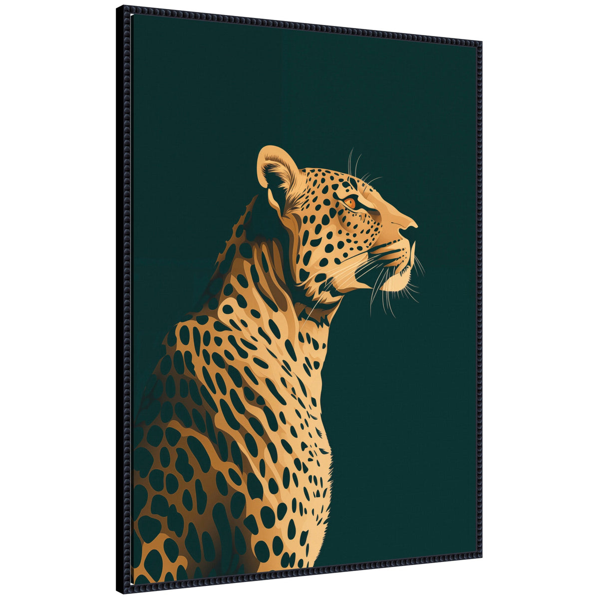 Profile view of a gilded cheetah with detailed black spots against a deep emerald green background on framed canvas art.