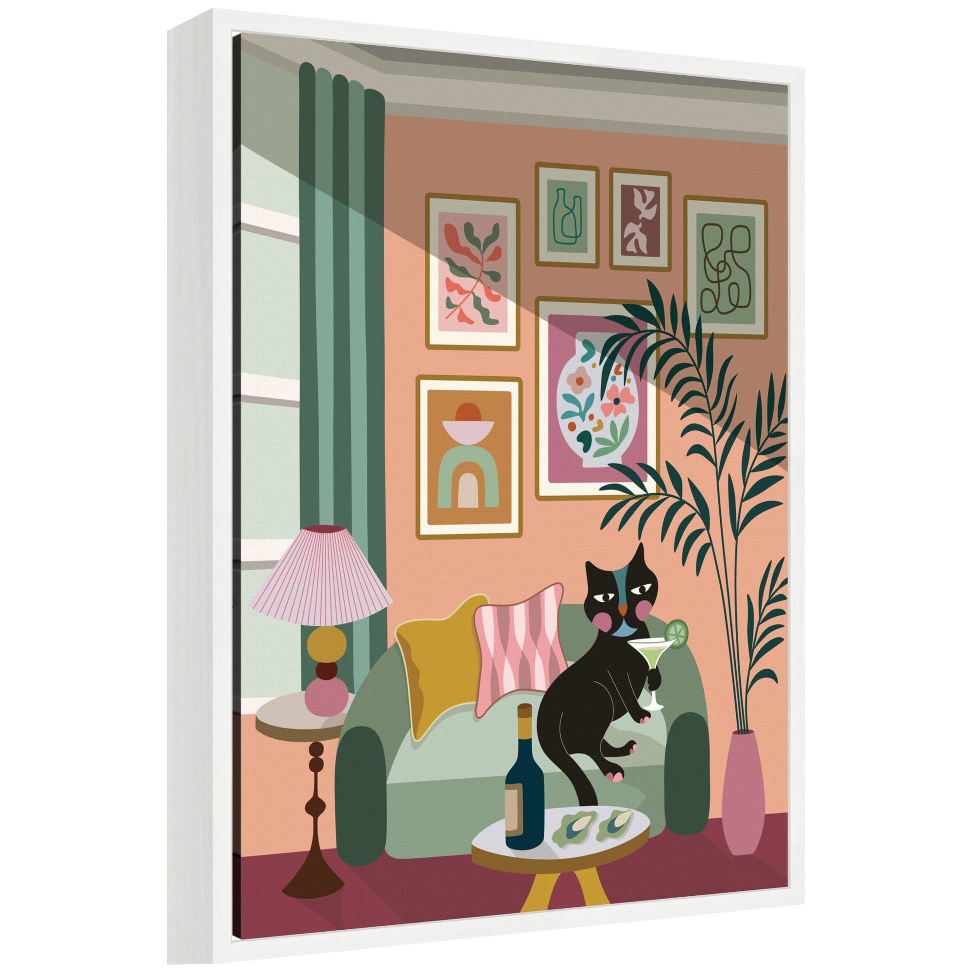 Cocktail Cat by Rachel Lee 3 Birdies Studio Framed Canvas Wall Art Print by kateandlaurel
