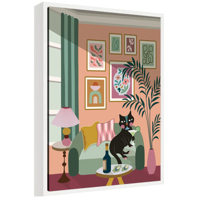 Cocktail Cat by Rachel Lee 3 Birdies Studio Framed Canvas Wall Art Print by kateandlaurel