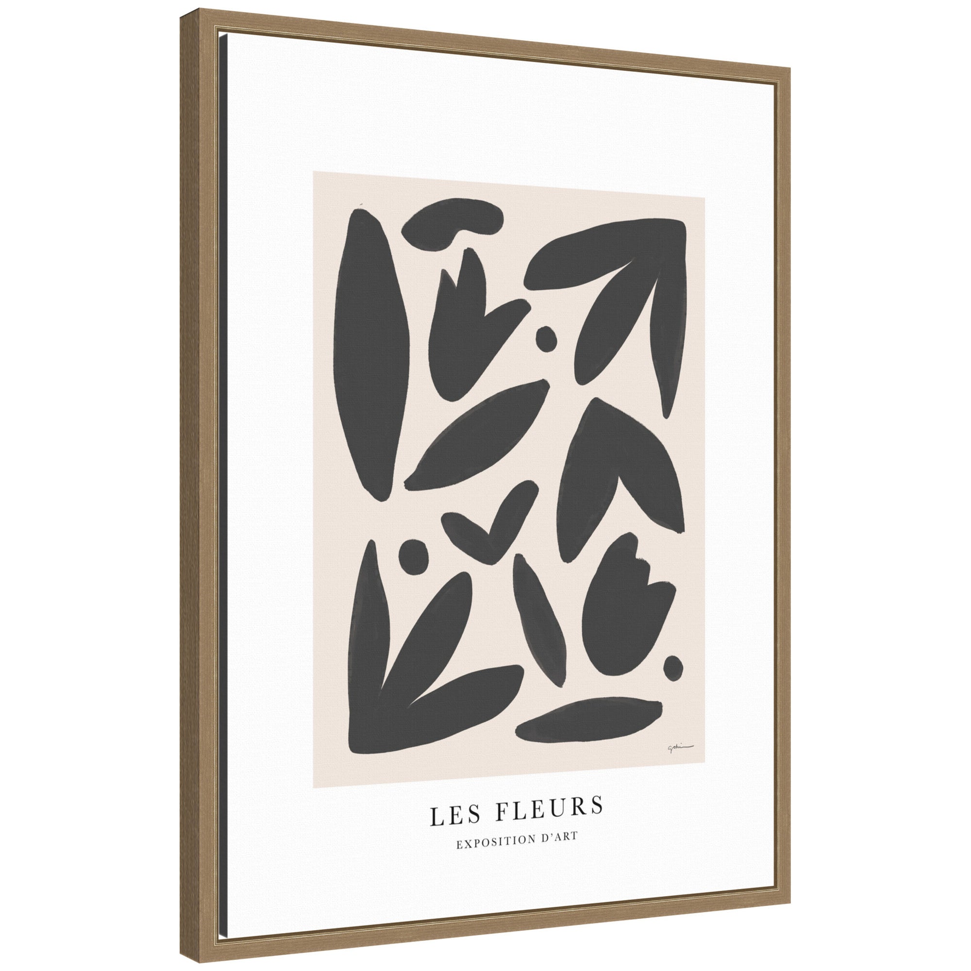 Exposition d Art Les Fleurs framed canvas wall art print styled on a white wall above vintage chair with a woven seat