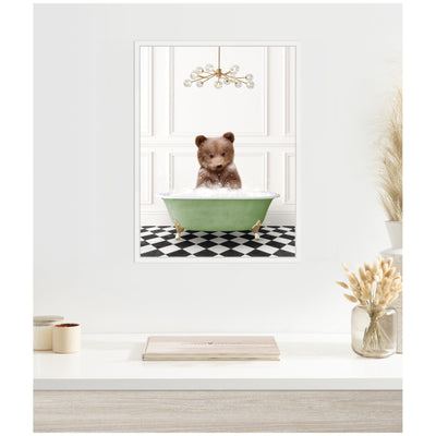 Sylvie Bear Cub in Green Bathtub Checker Floor Framed Canvas by Amy Peterson