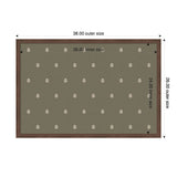 Rectangular green board with a repeating botanical block print pattern in beige, framed by a darker brown border, showing inner and outer size dimensions.