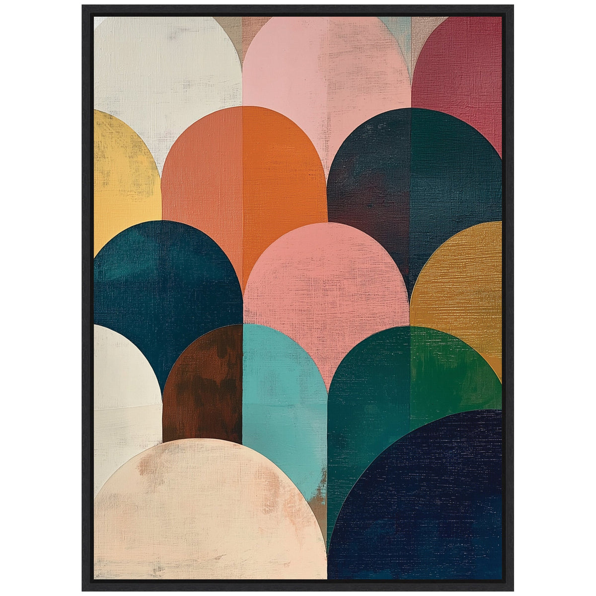 Framed abstract canvas featuring overlapping geometric arches in jewel tones, including teal, navy, coral, pink, and mustard yellow on a textured beige background.