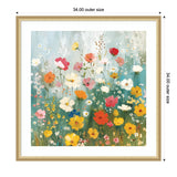 Square framed artwork of a wildflower garden with colorful flowers in red, orange, pink, white, and yellow against a soft blue and green background.
