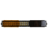 Rectangular LED bar light with amber lens on the left, clear lens with visible LEDs in the center, and solid black cover on the right, shown from above.