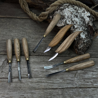 8-Piece Large Wood Carving Tool Set with hand-forged blades and ash wood handles