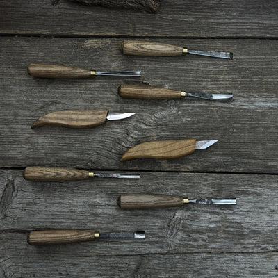 8-Piece Large Wood Carving Tool Set with hand-forged blades and ash wood handles