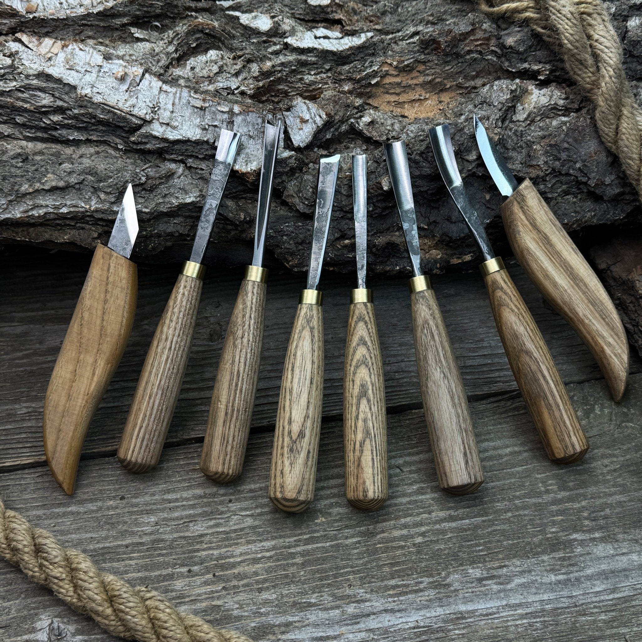 8-Piece Large Wood Carving Tool Set with hand-forged blades and ash wood handles
