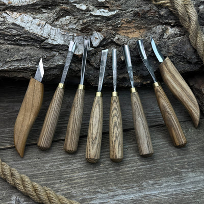 8-Piece Large Wood Carving Tool Set with hand-forged blades and ash wood handles