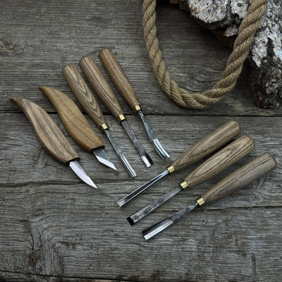8-Piece Large Wood Carving Tool Set with hand-forged blades and ash wood handles