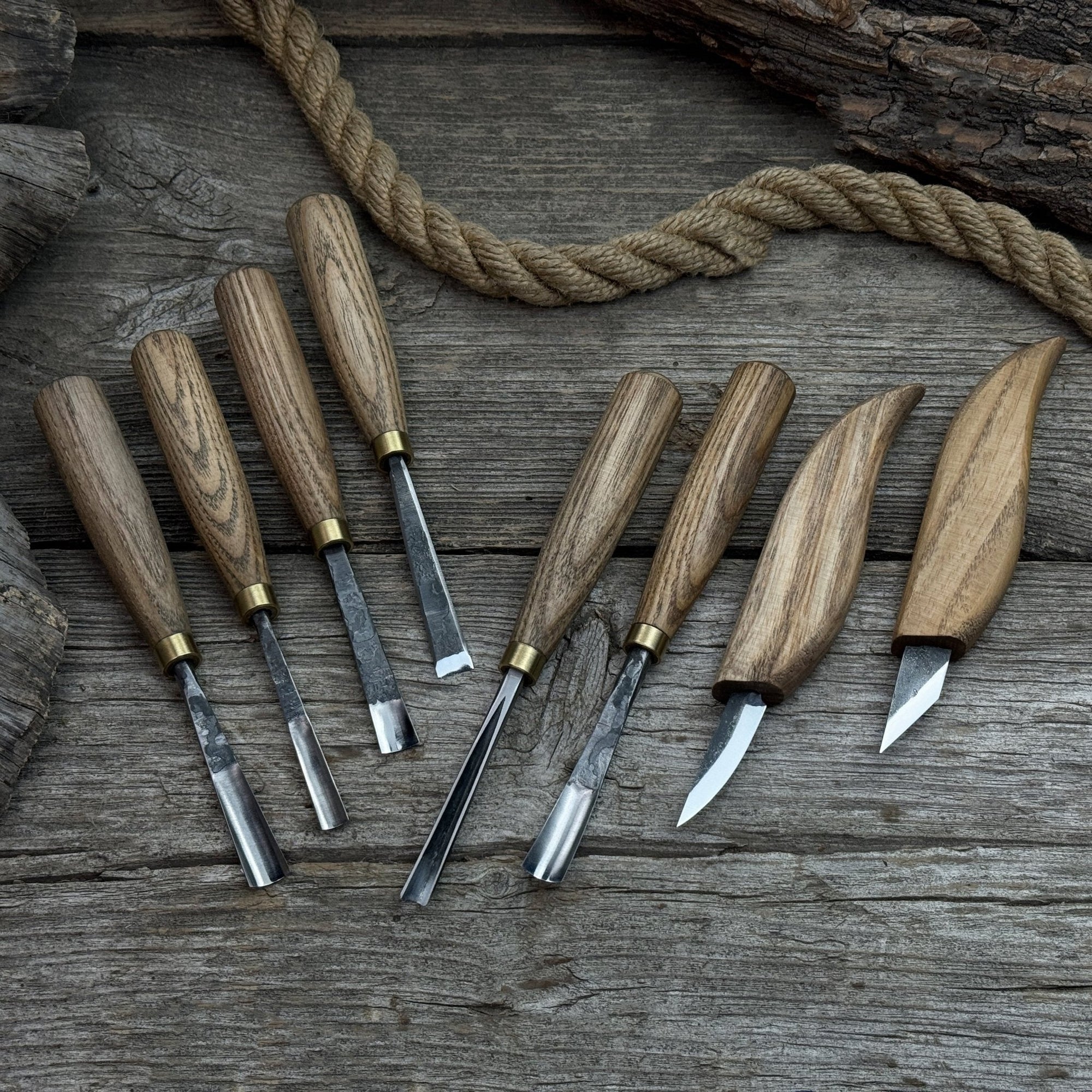 8-Piece Large Wood Carving Tool Set with hand-forged blades and ash wood handles
