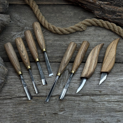 8-Piece Large Wood Carving Tool Set with hand-forged blades and ash wood handles