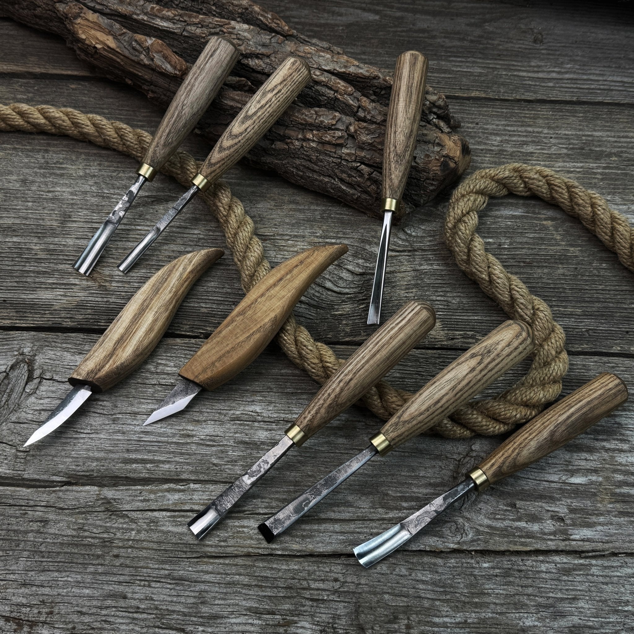 8-Piece Large Wood Carving Tool Set with hand-forged blades and ash wood handles