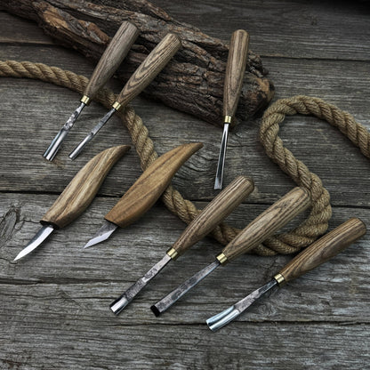8-Piece Large Wood Carving Tool Set with hand-forged blades and ash wood handles