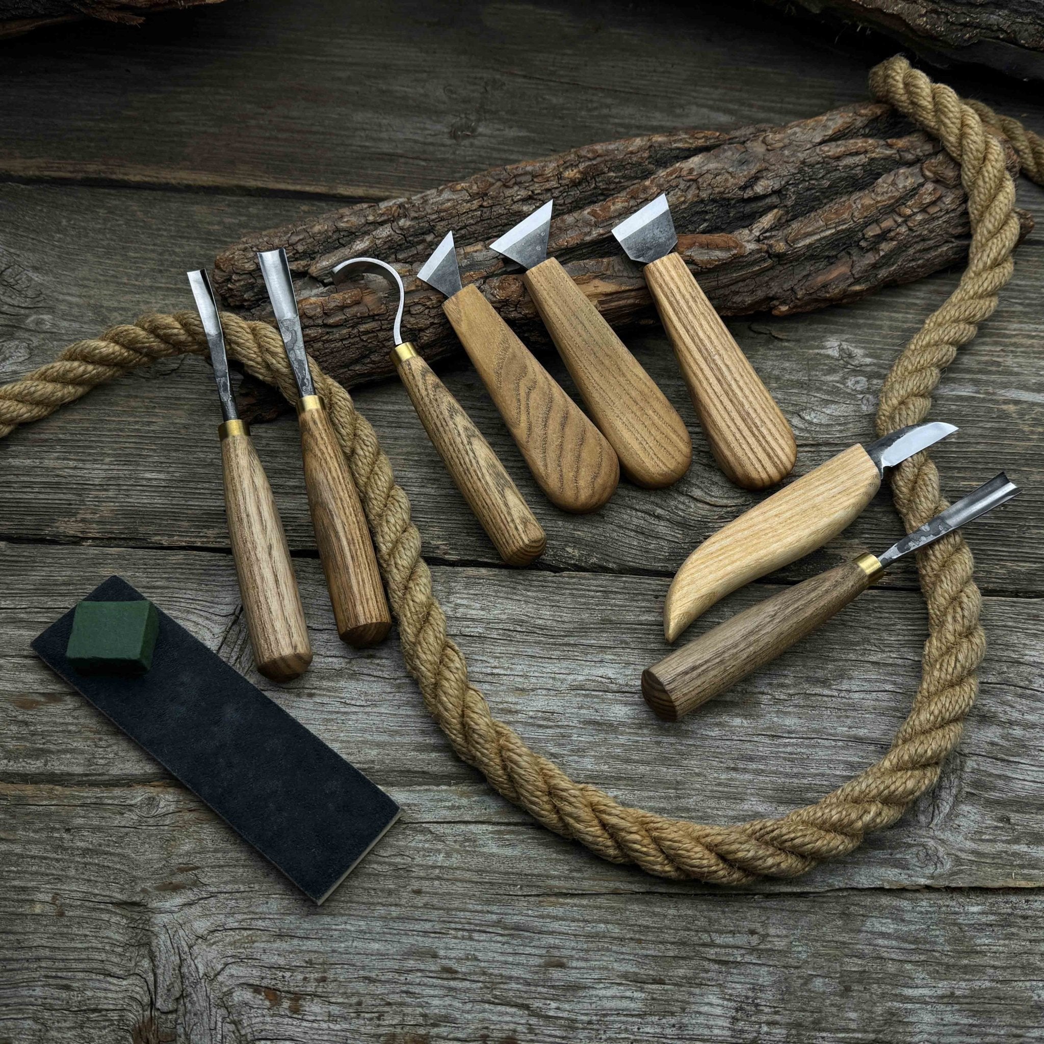 8-piece spoon carving tool set with sharpening board and leather case by Sharky Forged Steel Tools