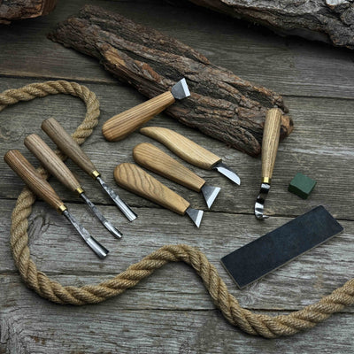 8-piece spoon carving tool set with sharpening board and leather case by Sharky Forged Steel Tools