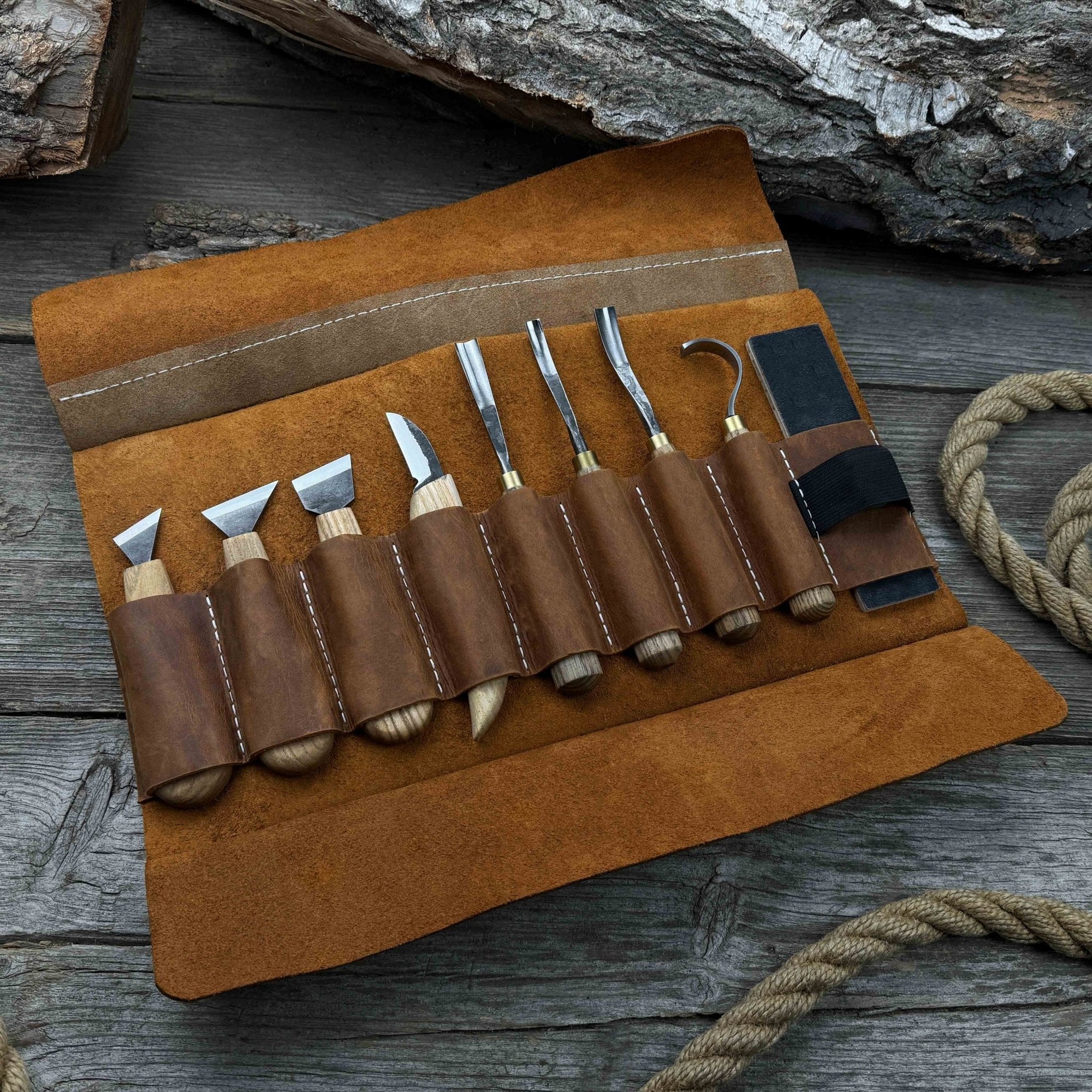 8-piece spoon carving tool set with sharpening board and leather case by Sharky Forged Steel Tools