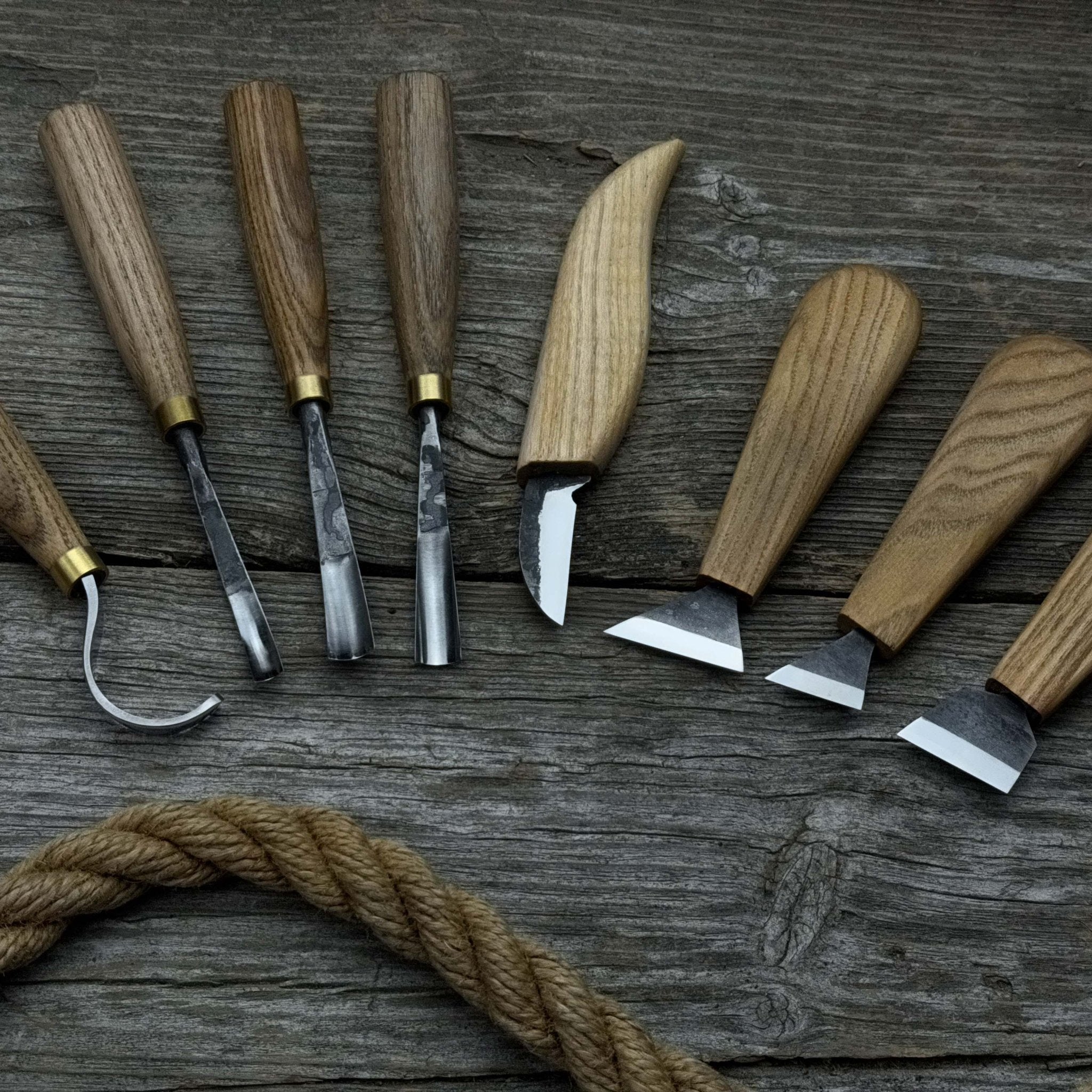 8-piece spoon carving tool set with sharpening board and leather case by Sharky Forged Steel Tools