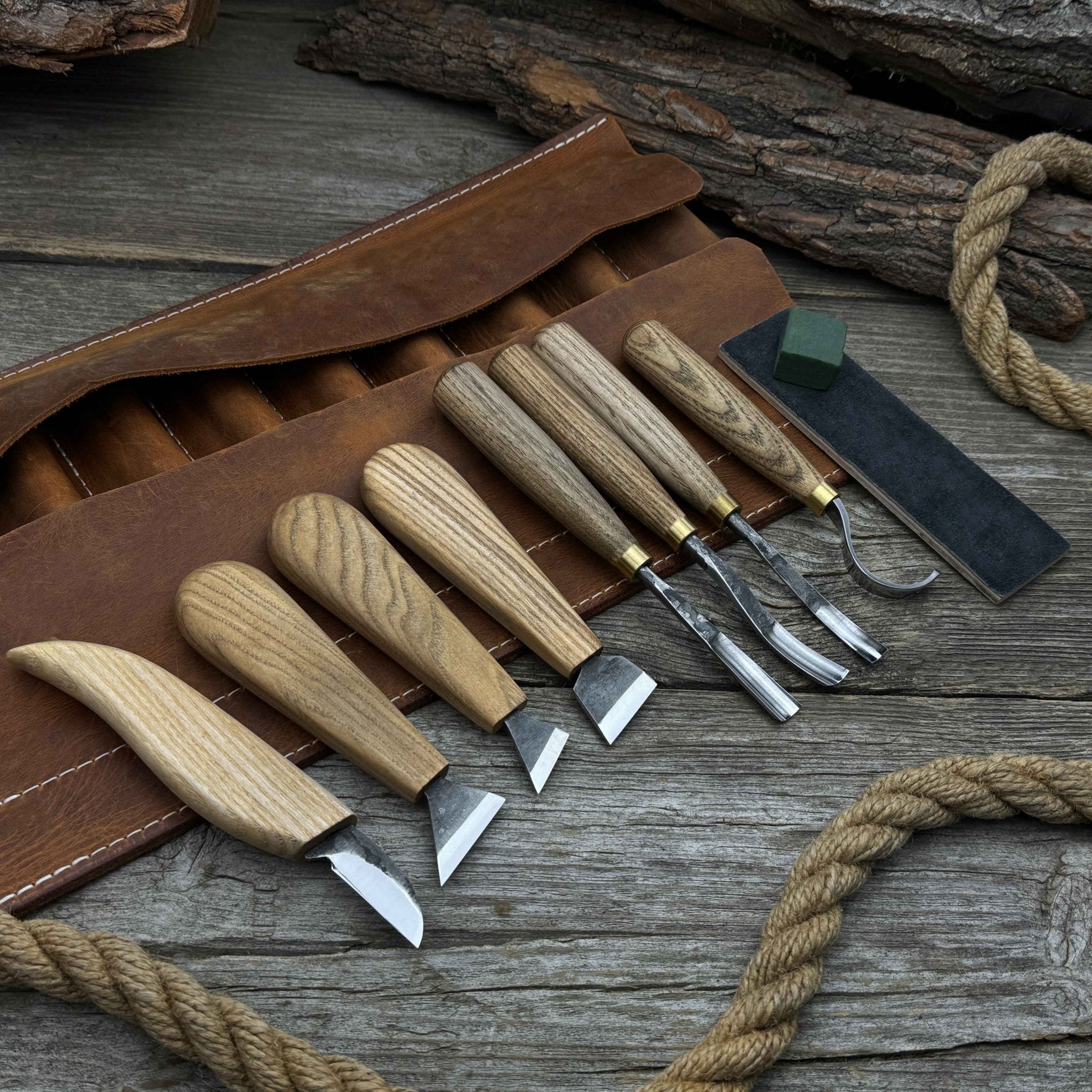 8-piece spoon carving tool set with sharpening board and leather case by Sharky Forged Steel Tools