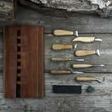 8-piece spoon carving tool set with sharpening board and leather case by Sharky Forged Steel Tools