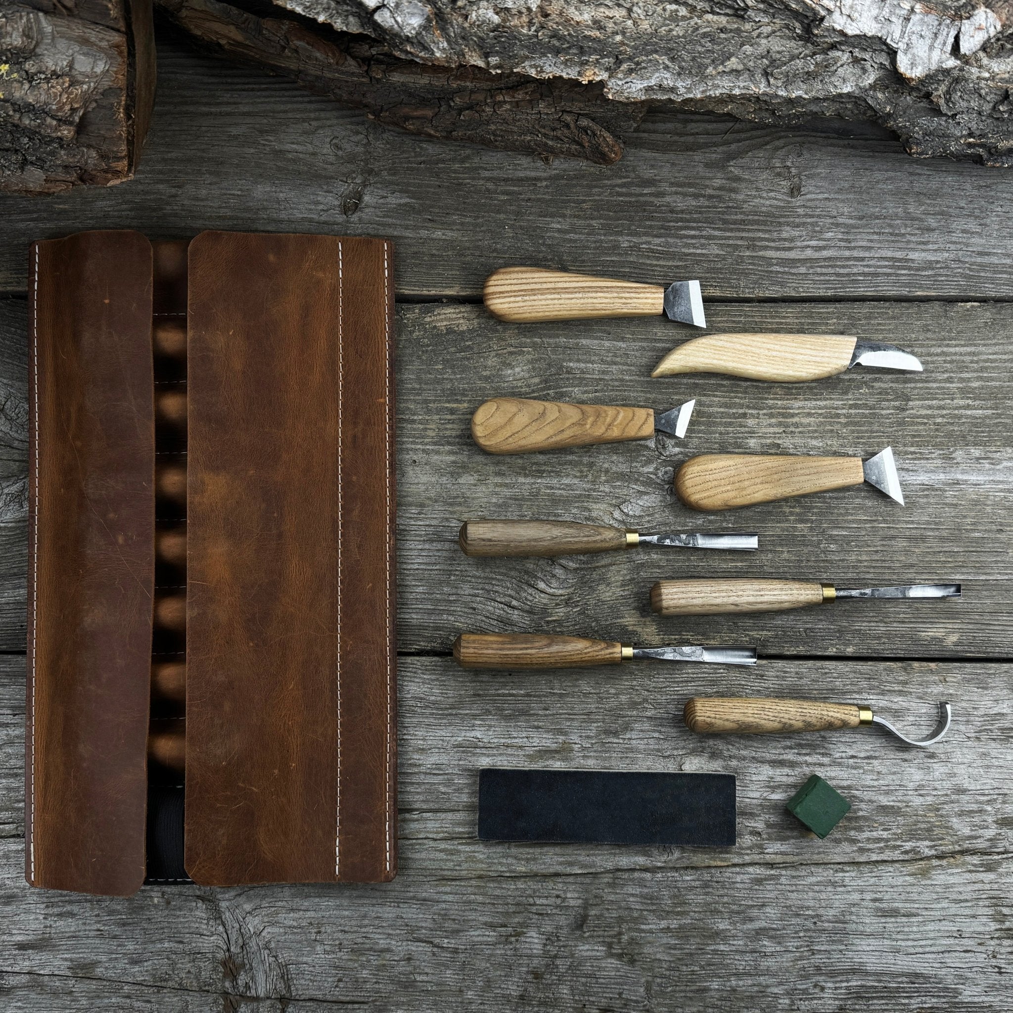 8-piece spoon carving tool set with sharpening board and leather case by Sharky Forged Steel Tools