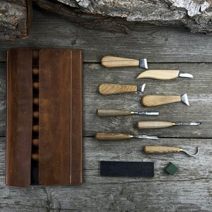 8-piece spoon carving tool set with sharpening board and leather case by Sharky Forged Steel Tools