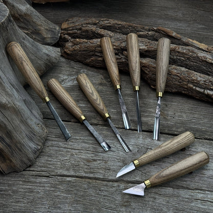 8-piece wood carving tool set with knives and chisels by Sharky Forged Steel Tools