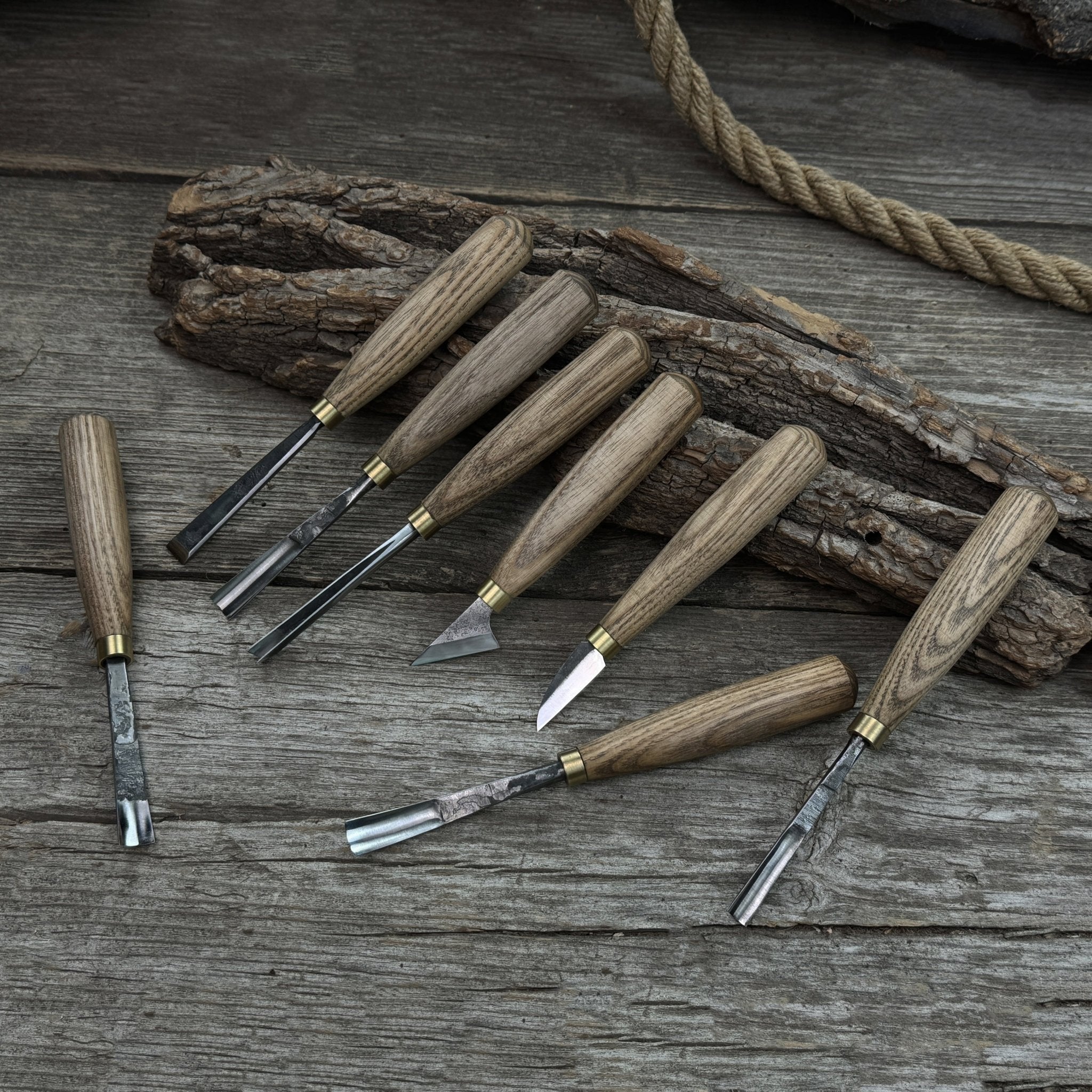 8-piece wood carving tool set with knives and chisels by Sharky Forged Steel Tools