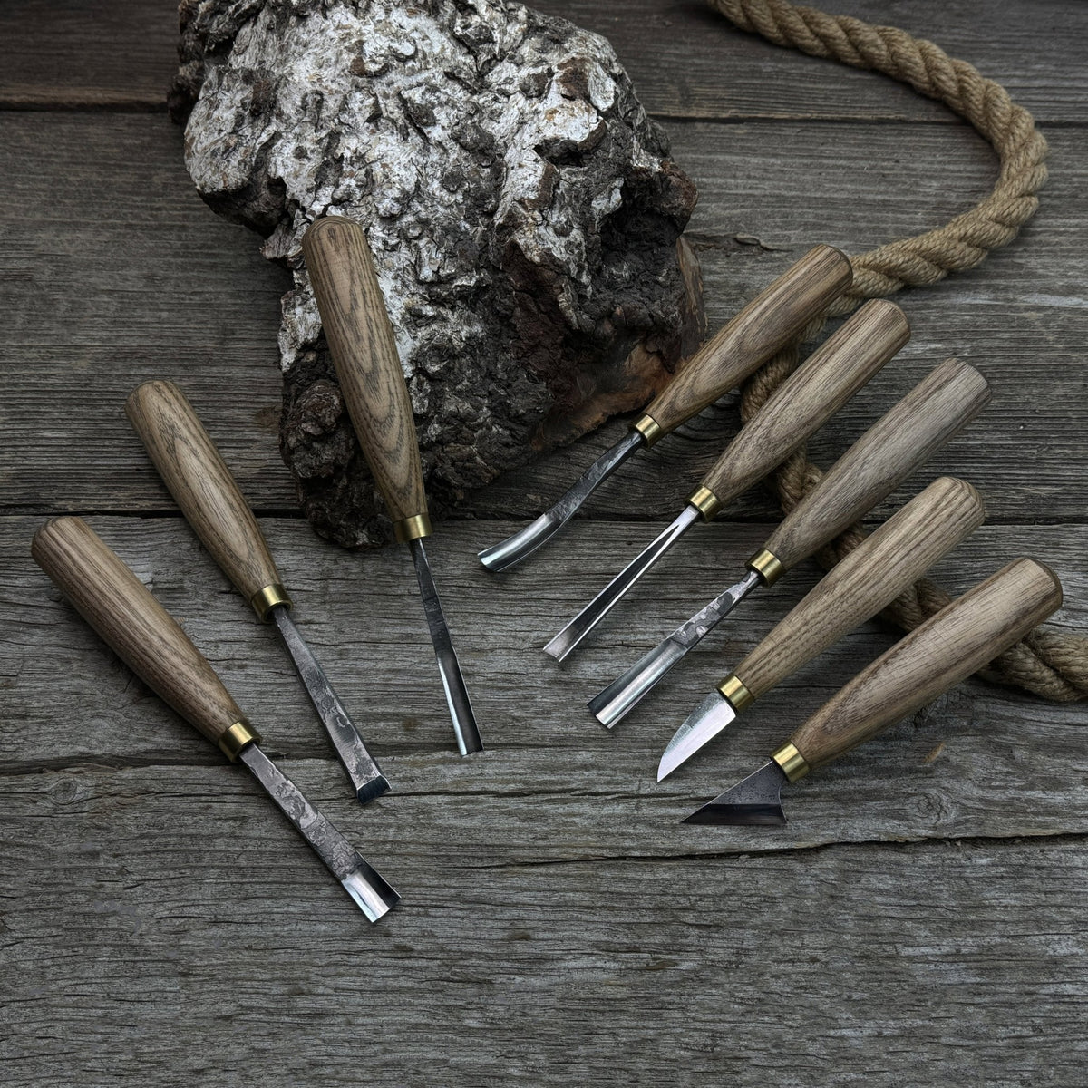 8-piece wood carving tool set with knives and chisels by Sharky Forged Steel Tools