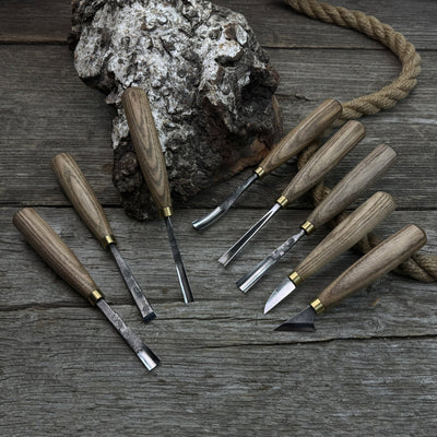 8-piece wood carving tool set with knives and chisels by Sharky Forged Steel Tools
