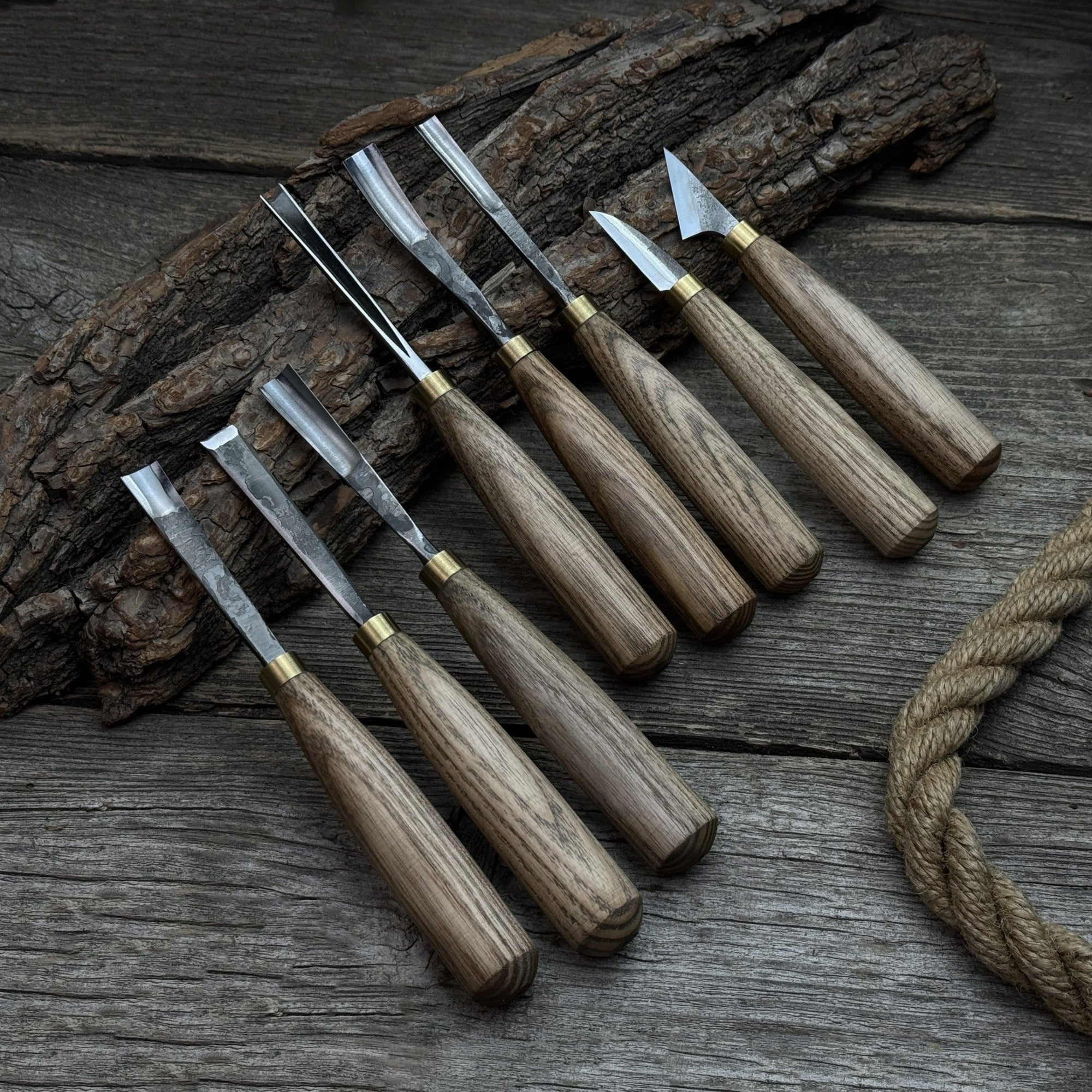 8-piece wood carving tool set with knives and chisels by Sharky Forged Steel Tools