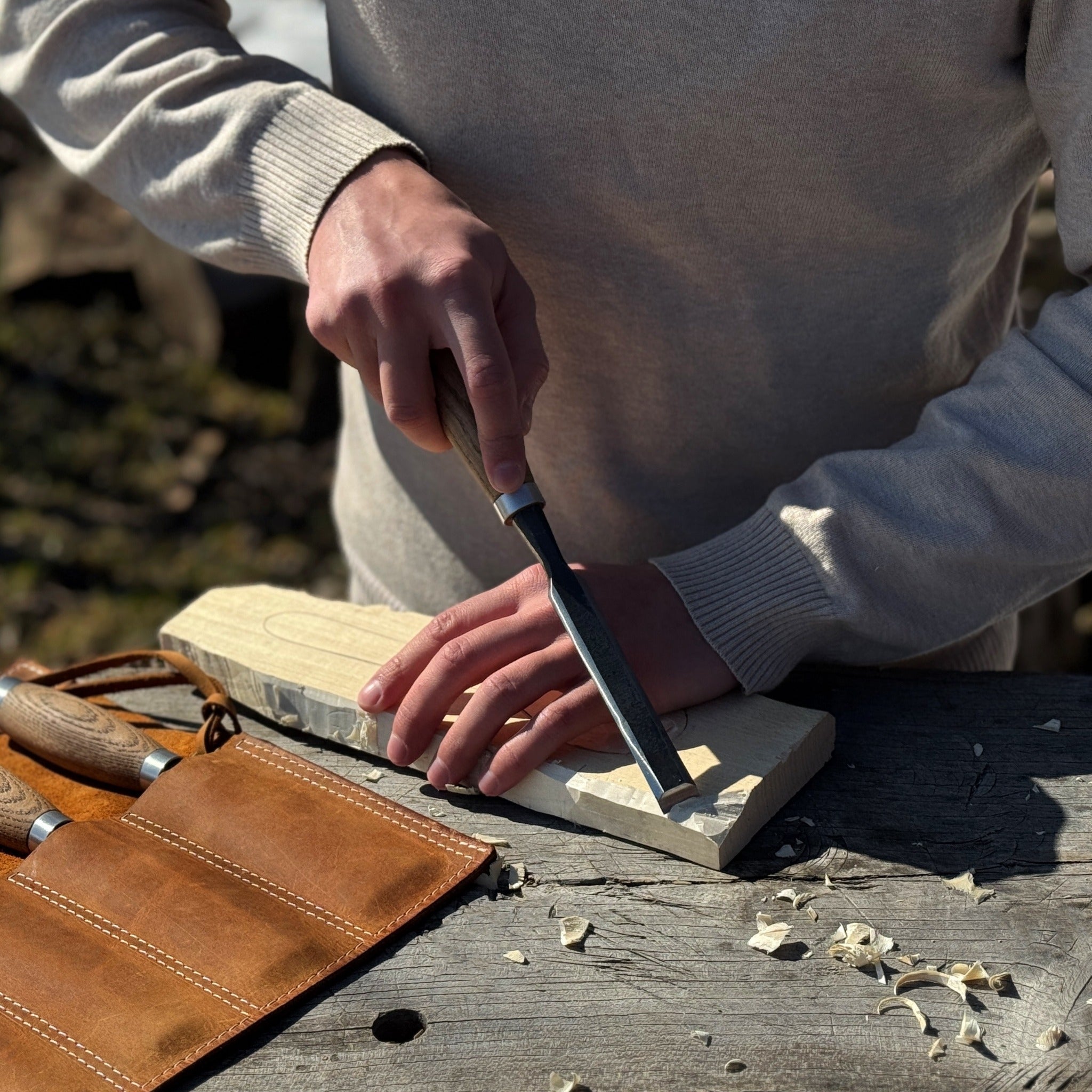 Handmade 8 Pocket Leather Chisel Roll made from Crazy Horse leather by Sharky Forged Steel Tools