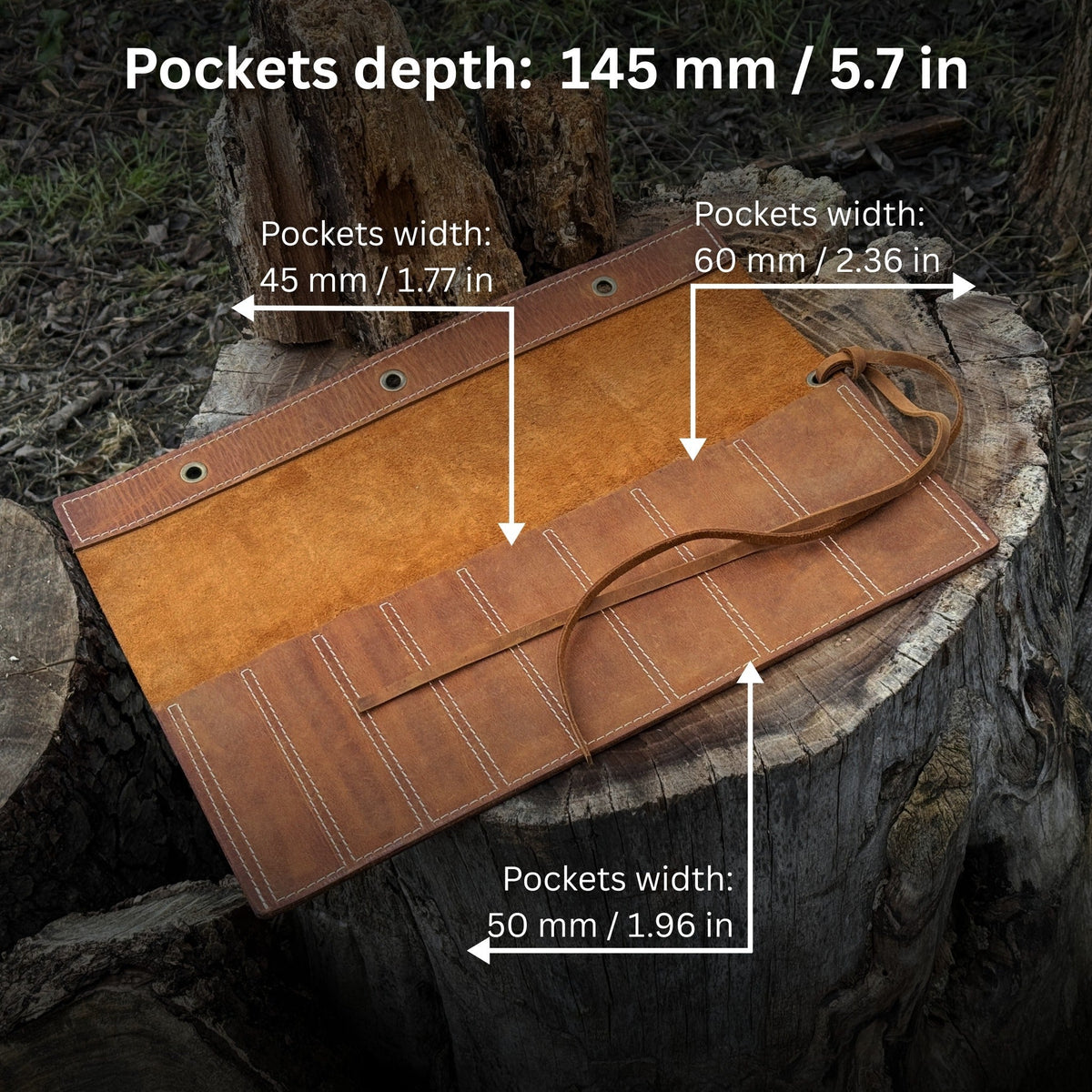 Handmade 8 Pocket Leather Chisel Roll made from Crazy Horse leather by Sharky Forged Steel Tools