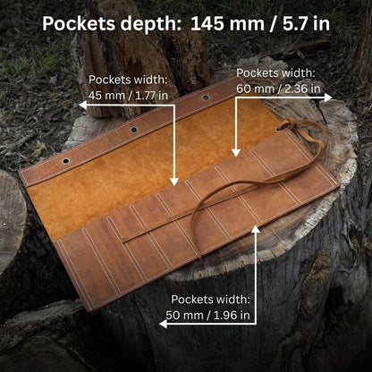Handmade 8 Pocket Leather Chisel Roll made from Crazy Horse leather by Sharky Forged Steel Tools