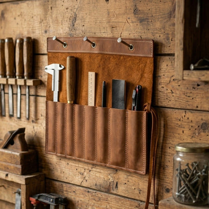 Handmade 8 Pocket Leather Chisel Roll made from Crazy Horse leather by Sharky Forged Steel Tools