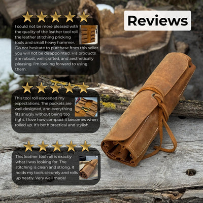 Handmade 8 pocket leather tool roll by Sharky Forged Steel Tools, open with tools inside
