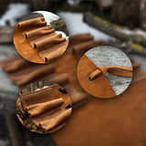 Handmade 8 pocket leather tool roll by Sharky Forged Steel Tools, open with tools inside
