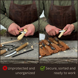 Handmade 8 pocket leather tool roll by Sharky Forged Steel Tools, open with tools inside