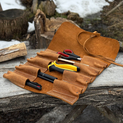 Handmade 8 pocket leather tool roll by Sharky Forged Steel Tools, open with tools inside