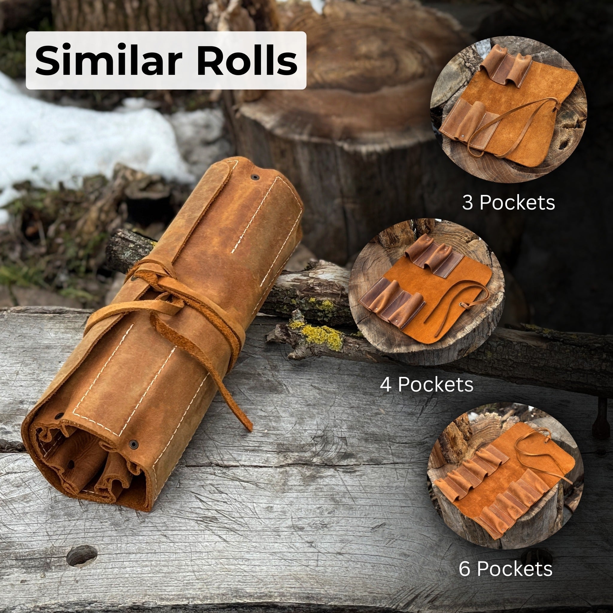 Handmade 8 pocket leather tool roll by Sharky Forged Steel Tools, open with tools inside