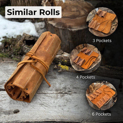 Handmade 8 pocket leather tool roll by Sharky Forged Steel Tools, open with tools inside
