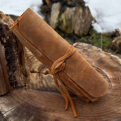 Handmade 8 pocket leather tool roll by Sharky Forged Steel Tools, open with tools inside