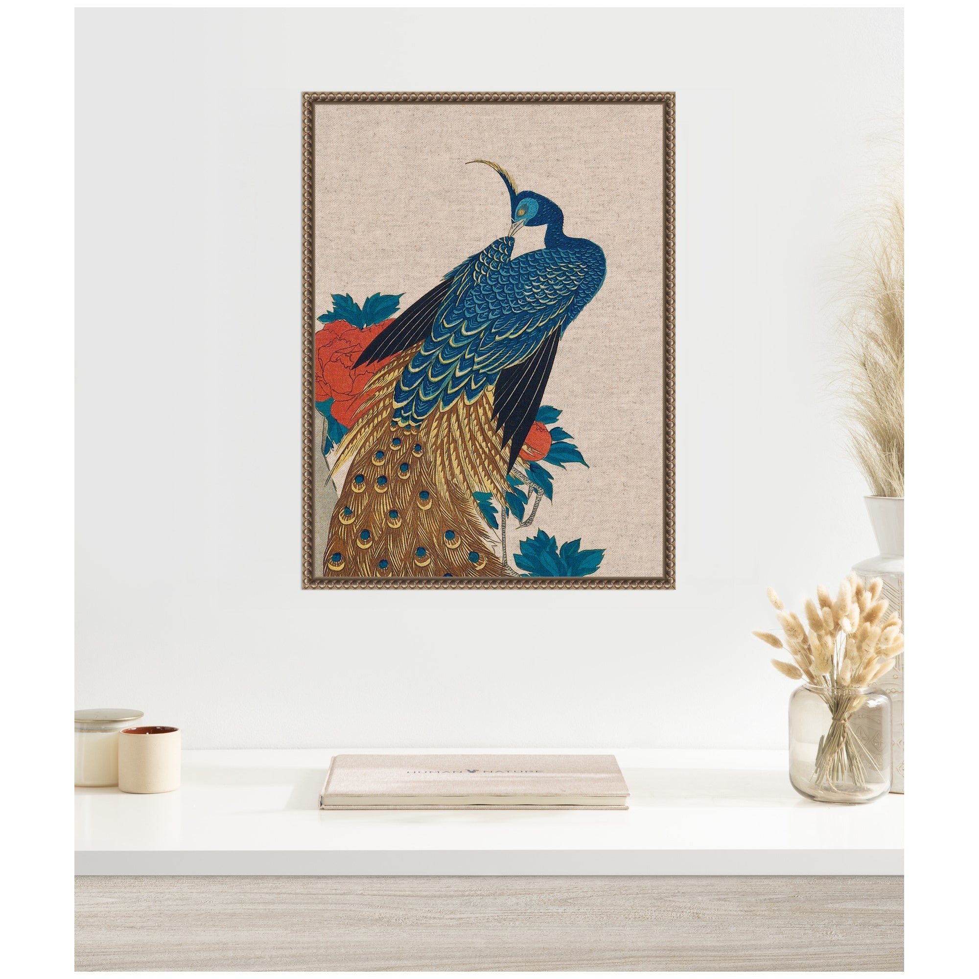Sylvie Peacock and Peonies 1840 Utagawa Hiroshige Neutral Linen Framed Canvas by The Art Institute of Chicago