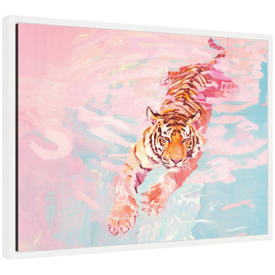 Framed canvas art of a tiger swimming in vibrant colorful landscape